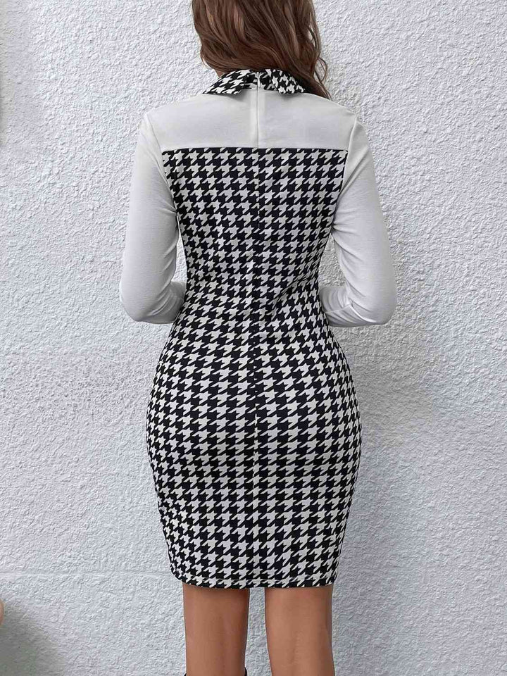 Houndstooth Collared Long Sleeve Dress |1mrk.com