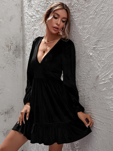 Plunge Long Sleeve Ruffle Hem Dress | 1mrk.com