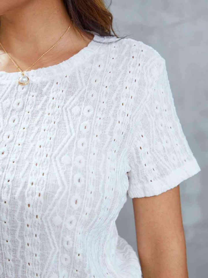 Openwork Short Sleeve Round Neck Top | 1mrk.com