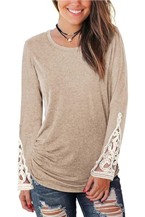 Lace Detail Long Sleeve Round Neck T-Shirt | 1mrk.com