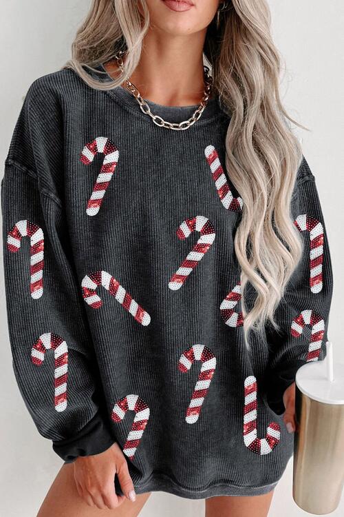 Sequin Candy Cane Round Neck Sweatshirt |1mrk.com