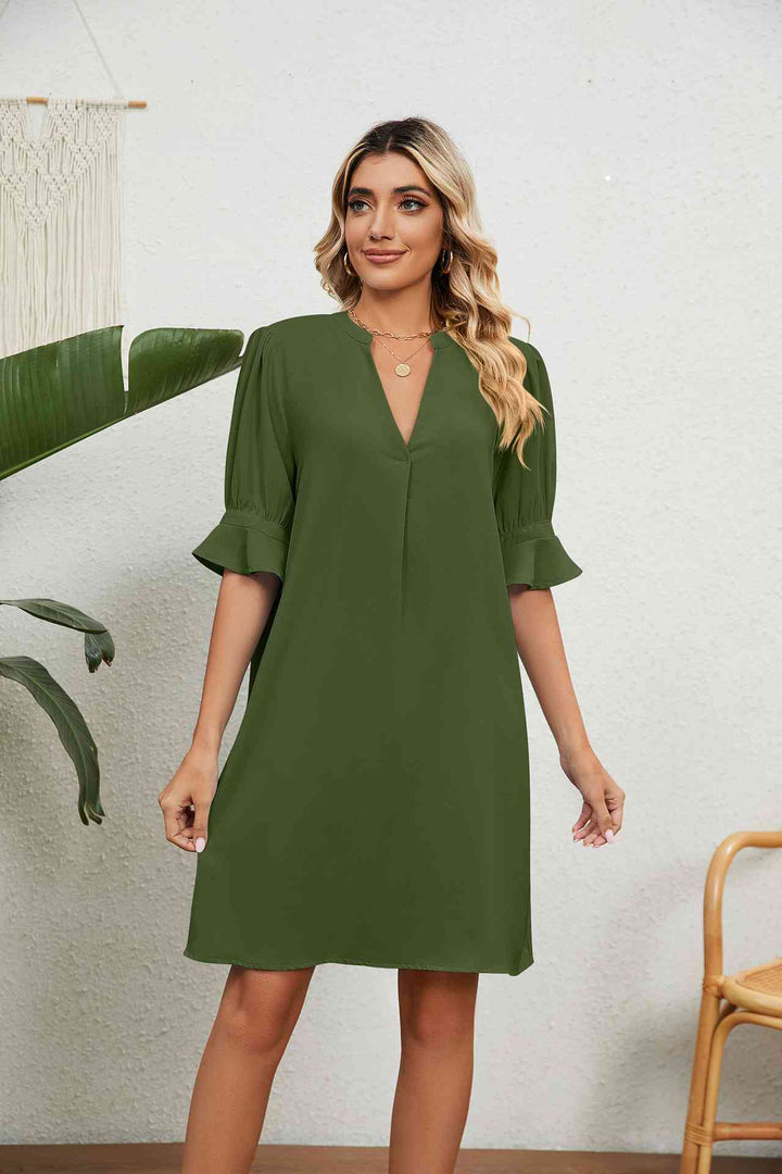 Notched Neck Flounce Sleeve Dress |1mrk.com