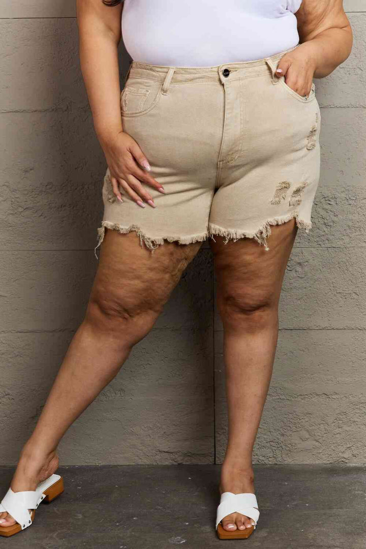 RISEN Katie Full Size High Waisted Distressed Shorts in Sand | 1mrk.com