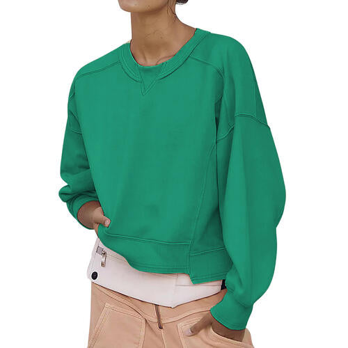 Round Neck Drop Shoulder Long Sleeve Sweatshirt |1mrk.com