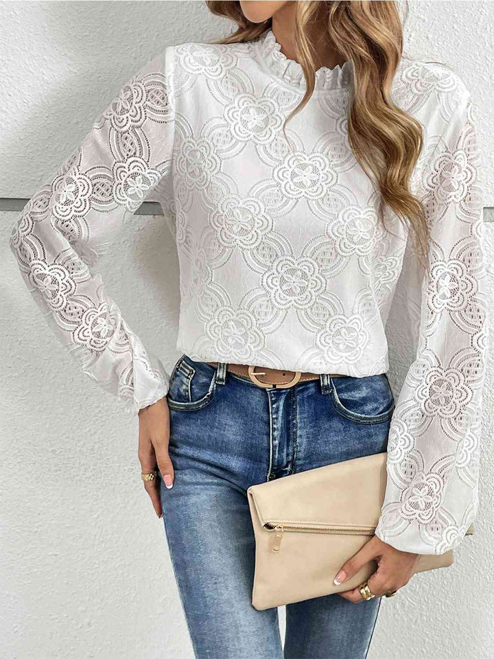 Eyelet Round Neck Long Sleeve Blouse | 1mrk.com