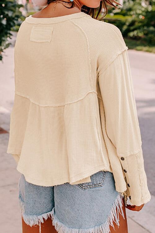 Waffle Knit Button Detail Exposed Seam Flowy Top | 1mrk.com