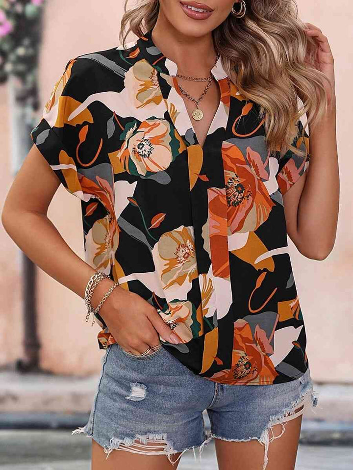 Printed Notched Neck Short Sleeve Blouse | 1mrk.com