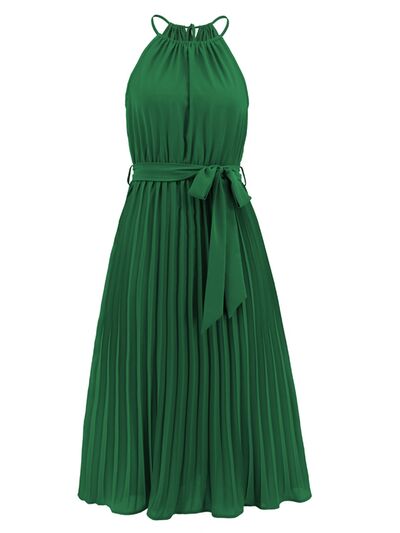 Pleated Spaghetti Strap Tie Waist Midi Dress |1mrk.com