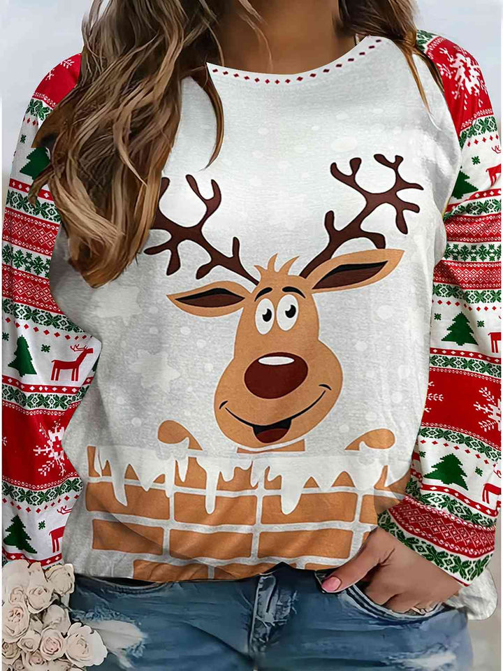 Plus Size Reindeer Graphic Long Sleeve T-Shirt | 1mrk.com