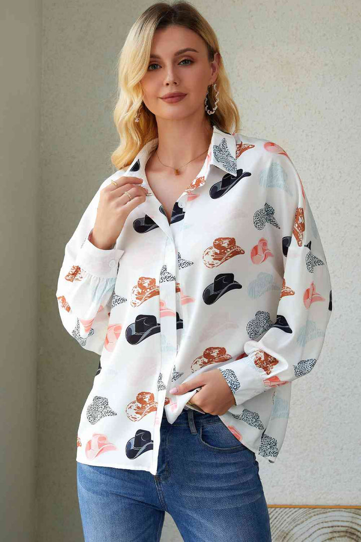 Hat Print Collared Neck Long Sleeve Shirt |1mrk.com