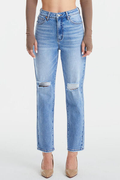 BAYEAS High Waist Distressed Cat's Whiskers Washed Straight Jeans |1mrk.com