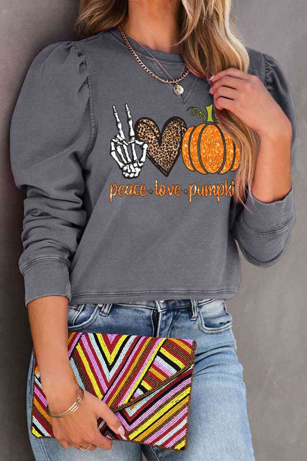 PEACE LOVE PUMPKIN Graphic Puff Sleeve Sweatshirt |1mrk.com