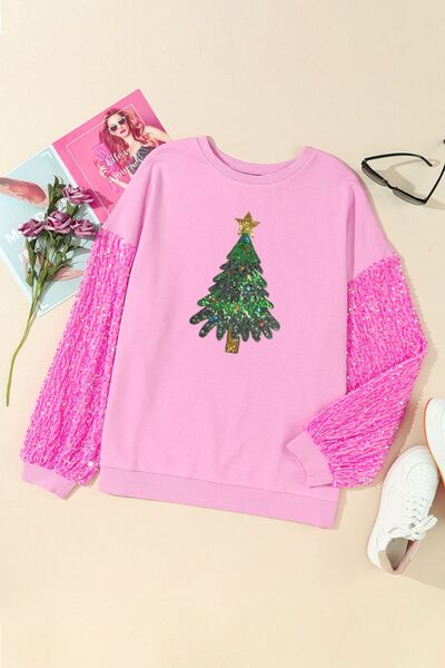 Christmas Tree Sequin Round Neck Sweatshirt |1mrk.com