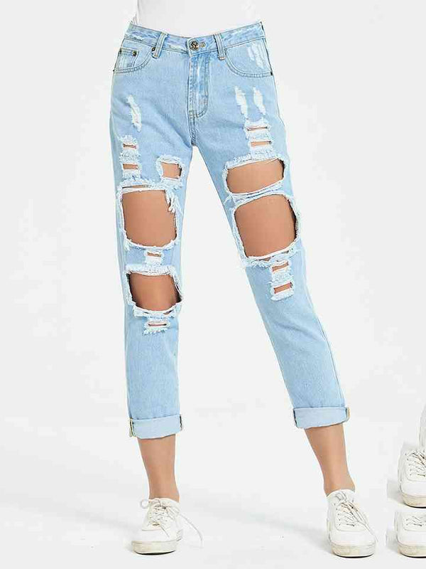 Buttoned Distressed Cropped Jeans |1mrk.com