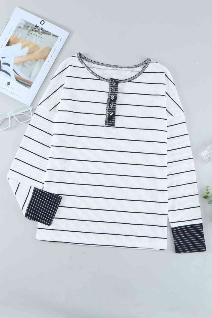 Striped Waffle Knit Henley Long Sleeve Top | 1mrk.com