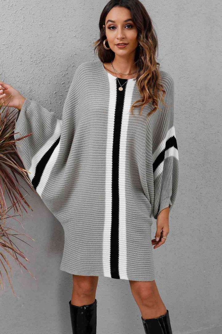 Ribbed Round Neck Long Sleeve Sweater Dress | 1mrk.com