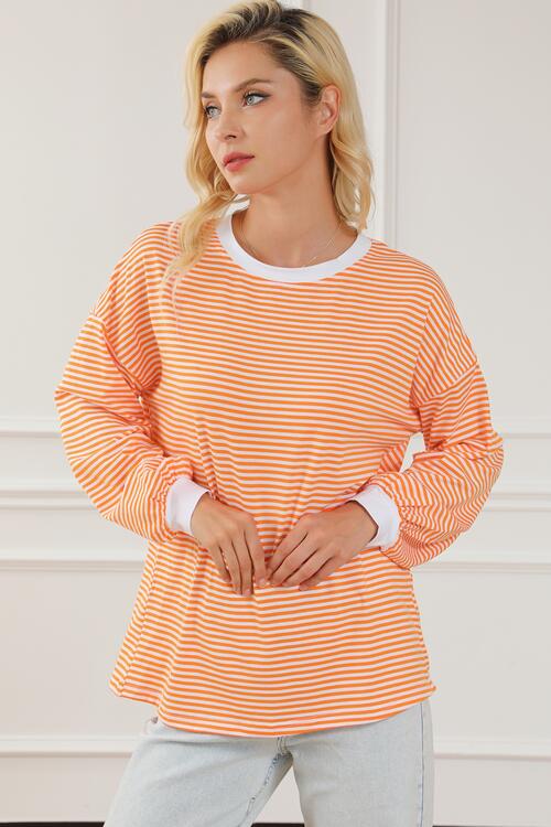 Striped Round Neck Long Sleeve Sweatshirt |1mrk.com