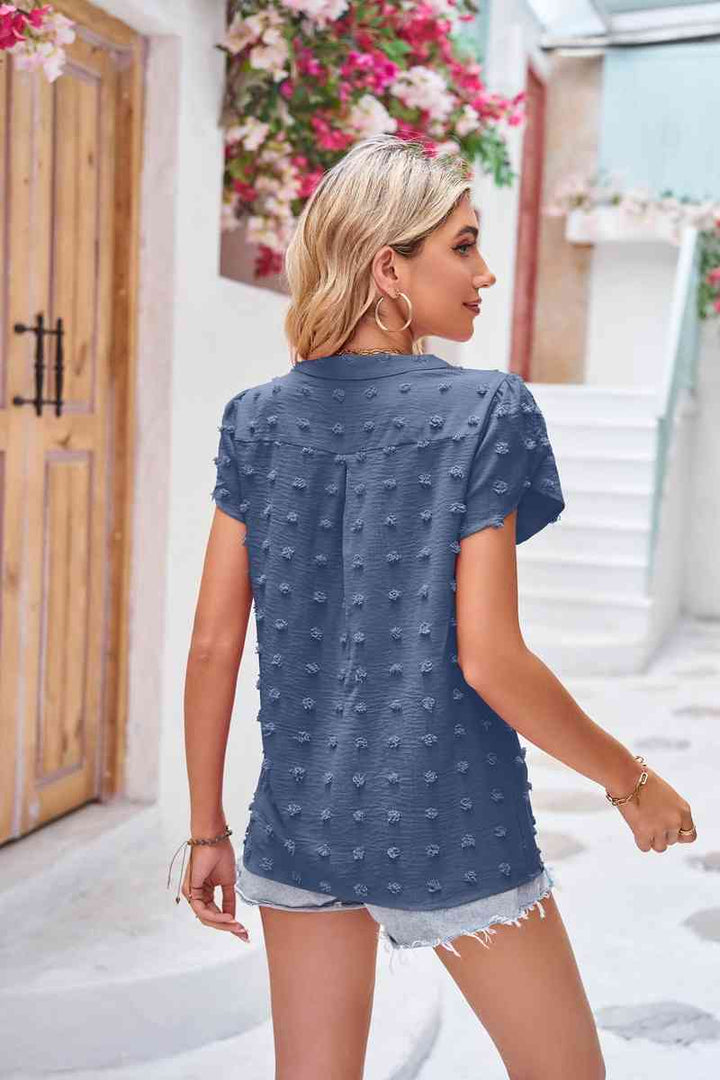 Swiss Dot Petal Sleeve Notched Top | 1mrk.com