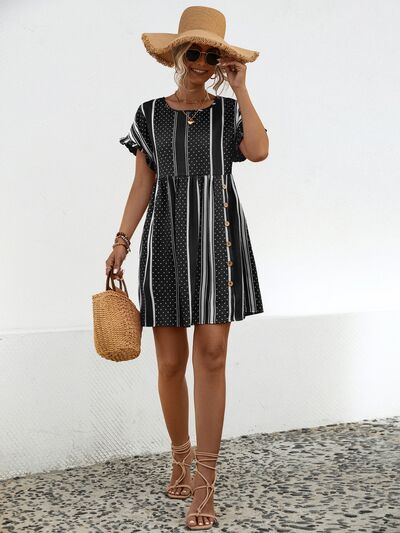 Striped Polka Dot Frill Short Sleeve Mini Dress |1mrk.com