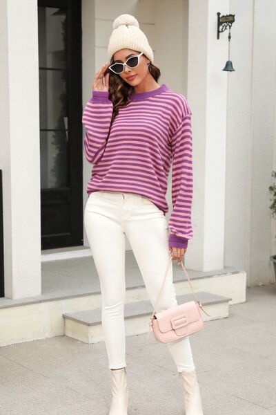 Striped Round Neck Dropped Shoulder Sweater |1mrk.com