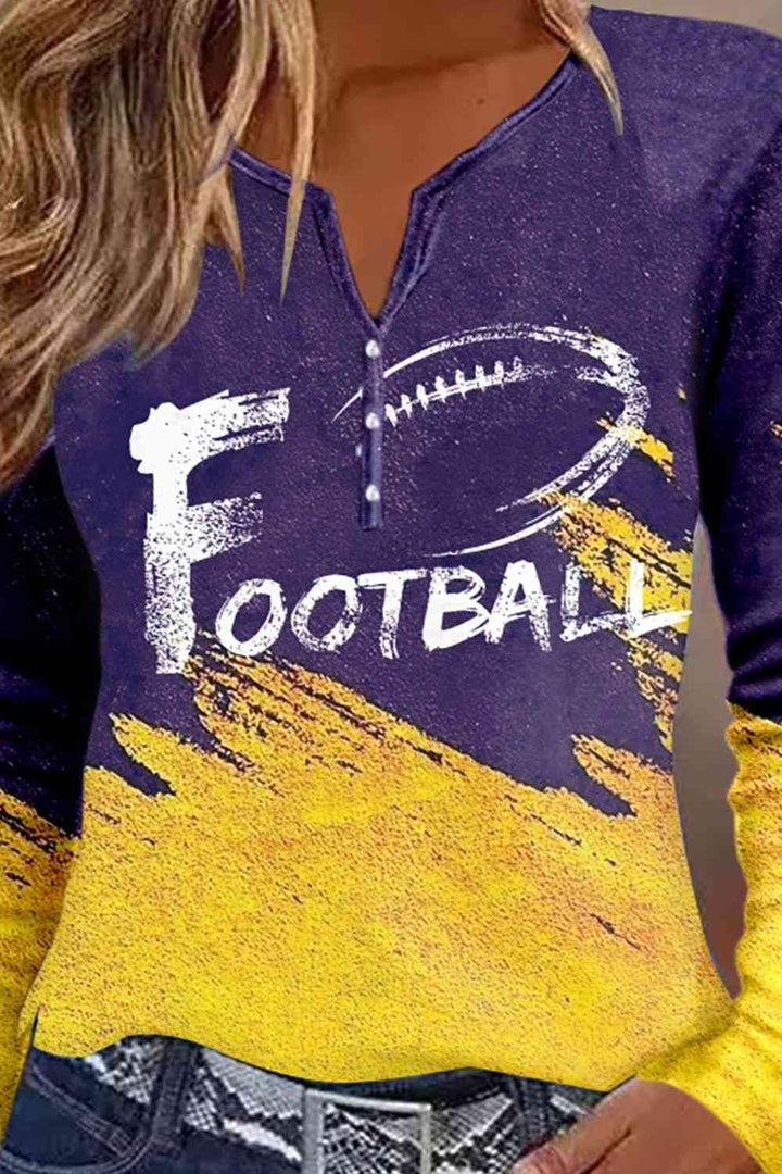 FOOTBALL Graphic Notched Neck Long Sleeve T-Shirt | 1mrk.com