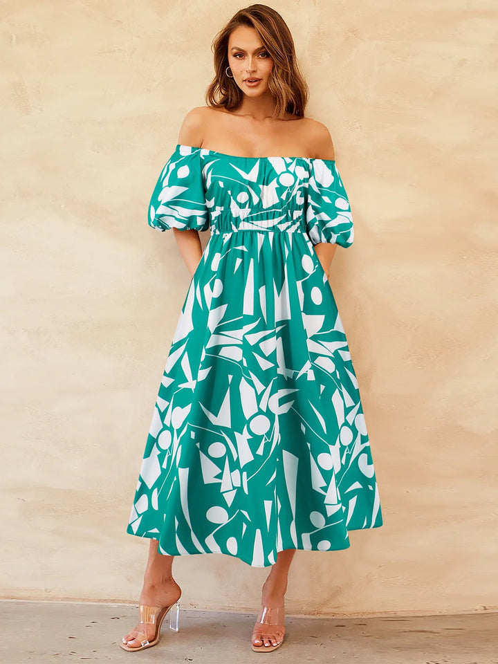 Printed Off-Shoulder Balloon Sleeve Dress | Trendsi