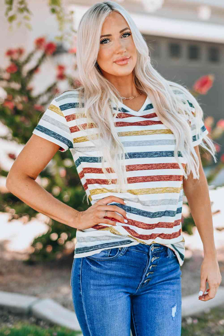 Striped V-Neck Short Sleeve Tee | 1mrk.com