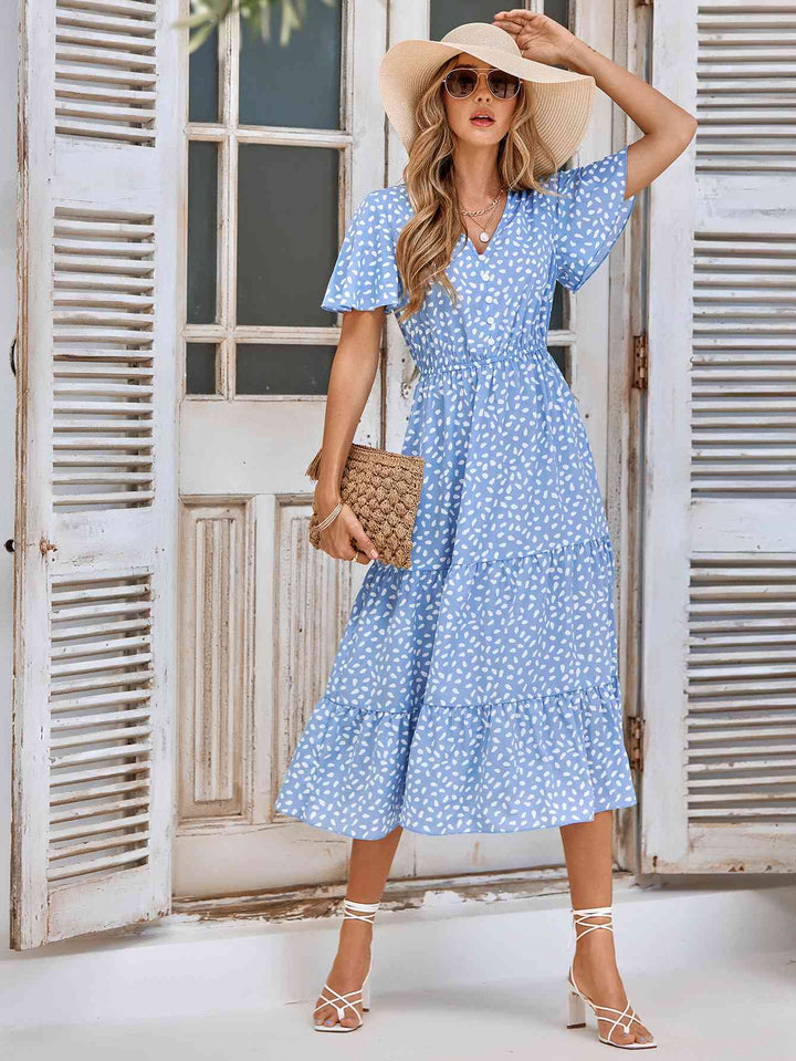 Printed Flutter Sleeve Tiered Dress |1mrk.com