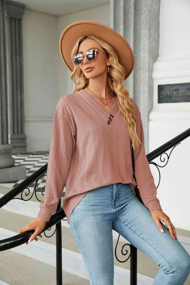 Decorative Button V-Neck Long Sleeve T-Shirt | 1mrk.com