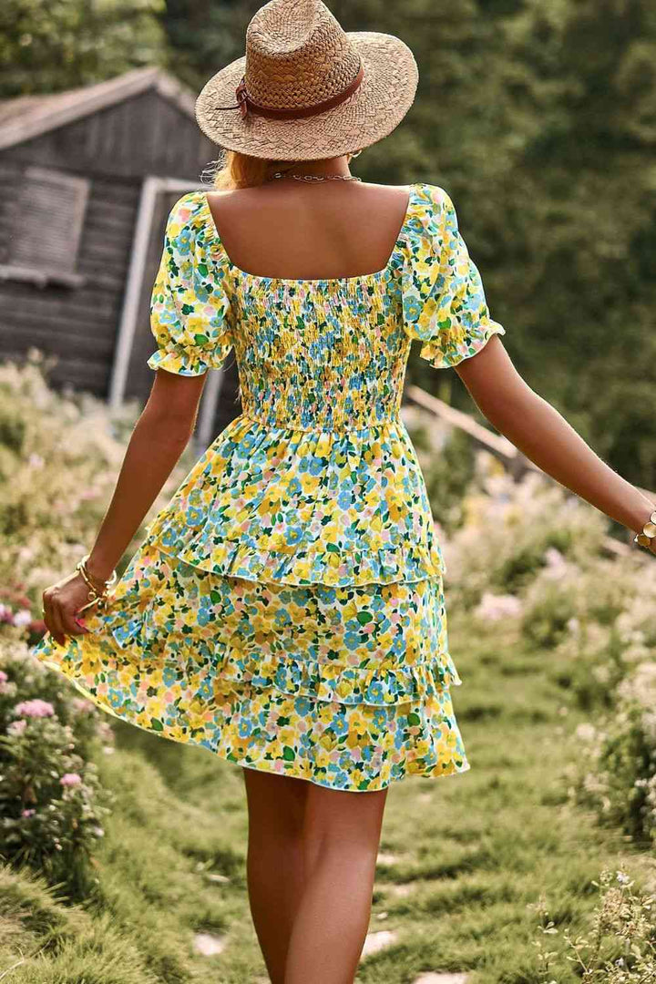 Smocked Sweetheart Neck Flounce Sleeve Mini Dress |1mrk.com