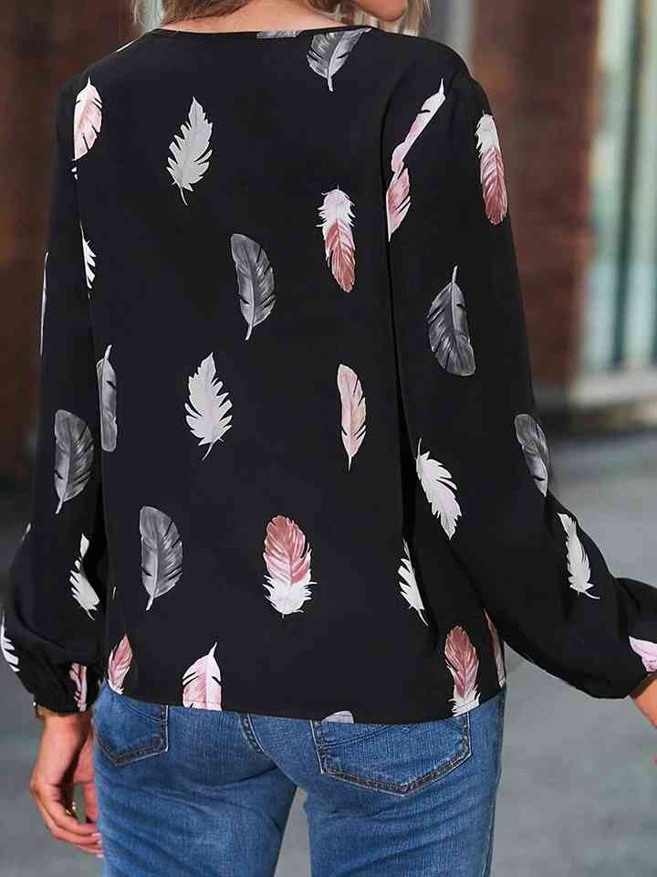 Printed Notched Neck Long Sleeve Blouse | 1mrk.com