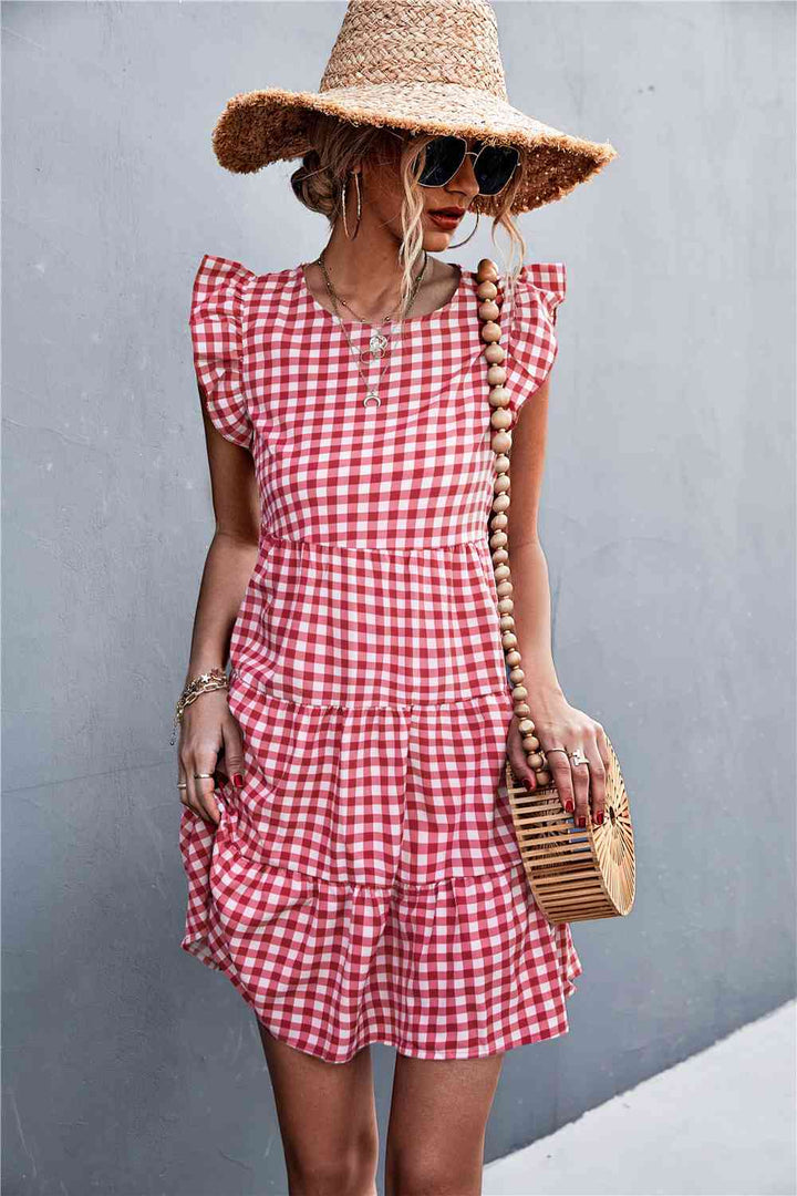 Gingham Ruffle Shoulder Tiered Dress |1mrk.com