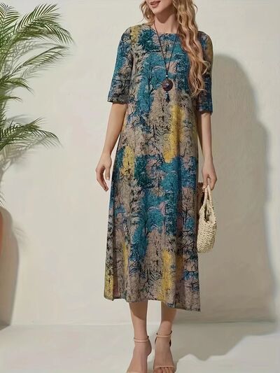 Full Size Printed Half Sleeve Midi Dress |1mrk.com