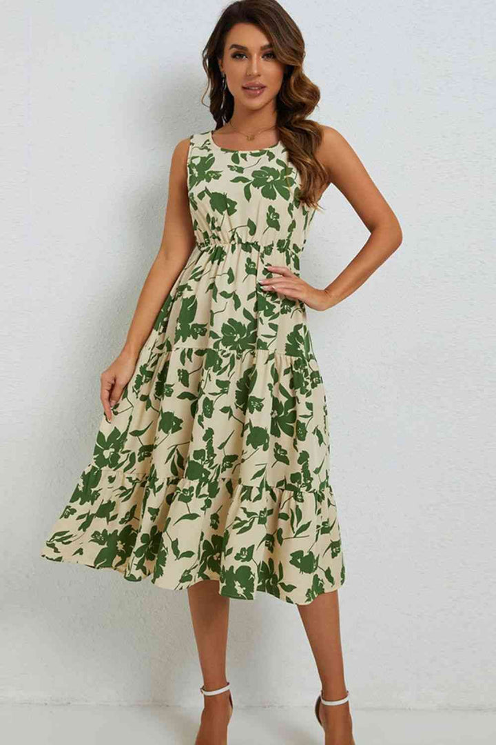 Floral Round Neck Tiered Sleeveless Dress |1mrk.com