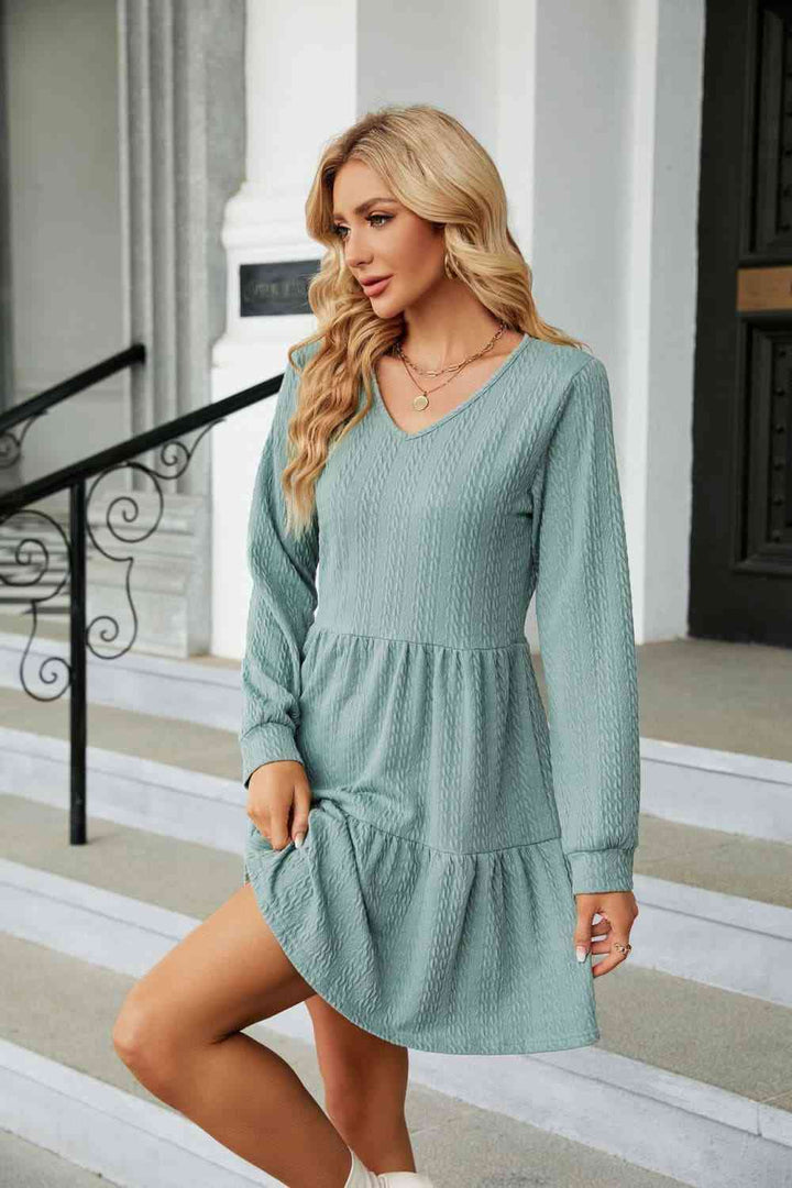 V-Neck Long Sleeve Mini Dress |1mrk.com