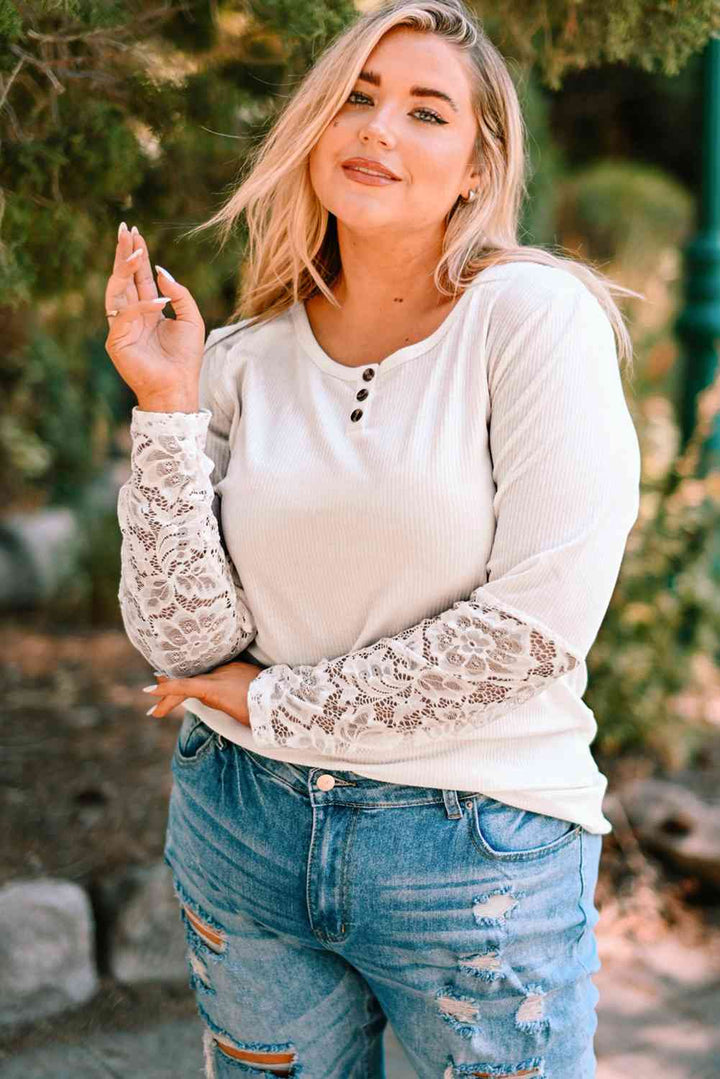 Plus Size Spliced Lace Ribbed Henley Top | 1mrk.com