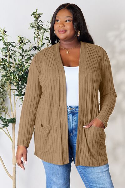 Basic Bae Full Size Ribbed Open Front Cardigan with Pockets | Trendsi