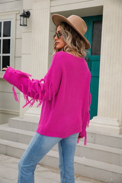 Fringe Round Neck Dropped Shoulder Sweater |1mrk.com