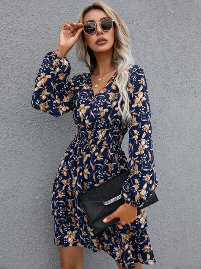 Floral Layered Surplice Balloon Sleeve Dress |1mrk.com