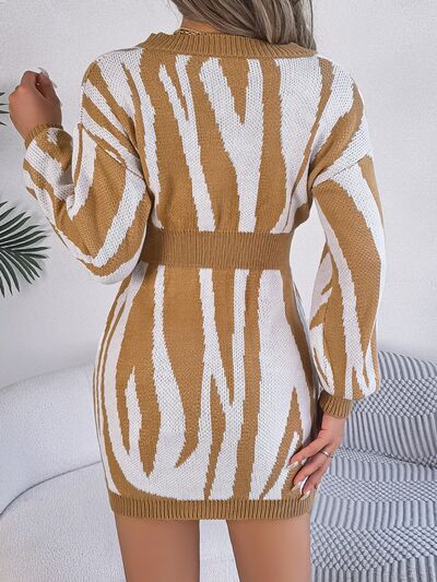 Animal Print V-Neck Long Sleeve Sweater Dress | 1mrk.com
