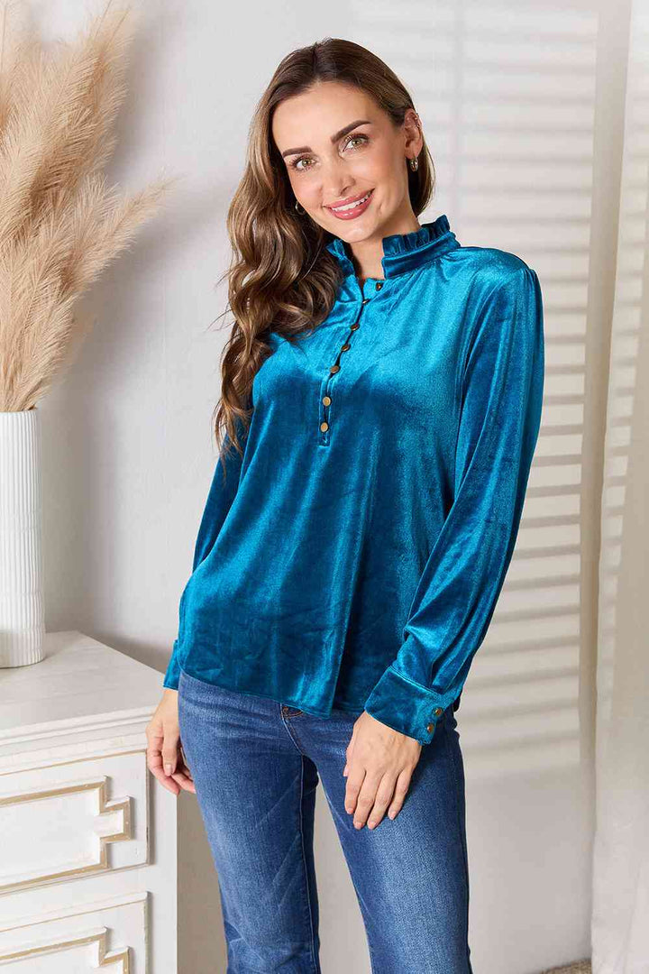 Double Take Notched Neck Buttoned Long Sleeve Blouse | 1mrk.com