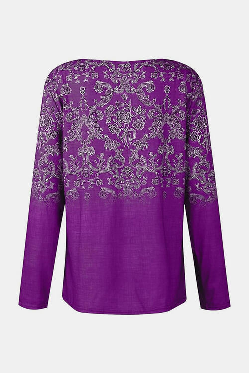 Printed Notched Long Sleeve T-Shirt | 1mrk.com