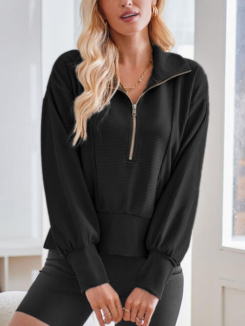 Ribbed Half Zip Collared Neck Sweatshirt |1mrk.com