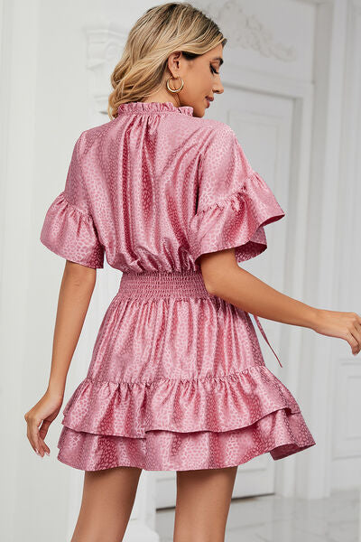 Smocked Tie Neck Flounce Sleeve Dress |1mrk.com