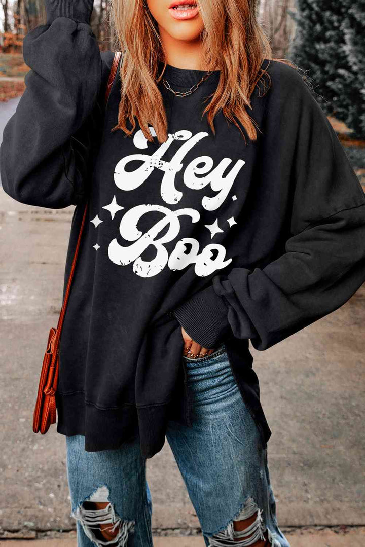 HEY BOO Graphic Round Neck Sweatshirt |1mrk.com