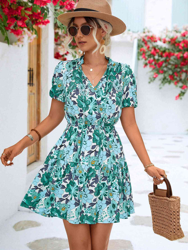 Floral Tie Neck Puff Sleeve Tiered Dress |1mrk.com