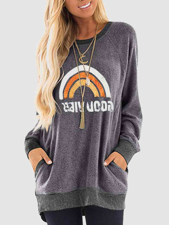 Rainbow Graphic Round Neck Sweatshirt with Pockets |1mrk.com