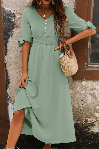 Smocked Quarter Button Short Sleeve Dress |1mrk.com