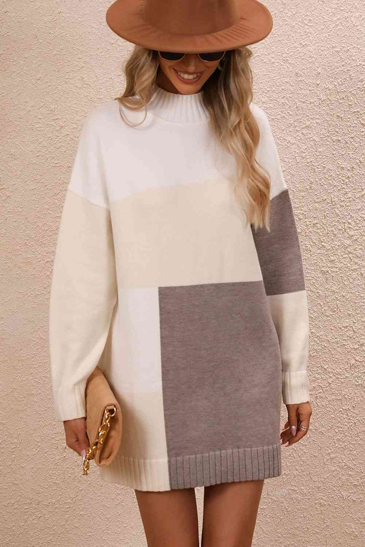 Color Block Mock Neck Dropped Shoulder Sweater Dress | 1mrk.com