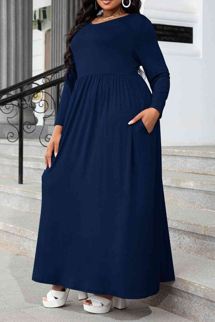 Plus Size Round Neck Long Sleeve Maxi Dress with Pockets |1mrk.com